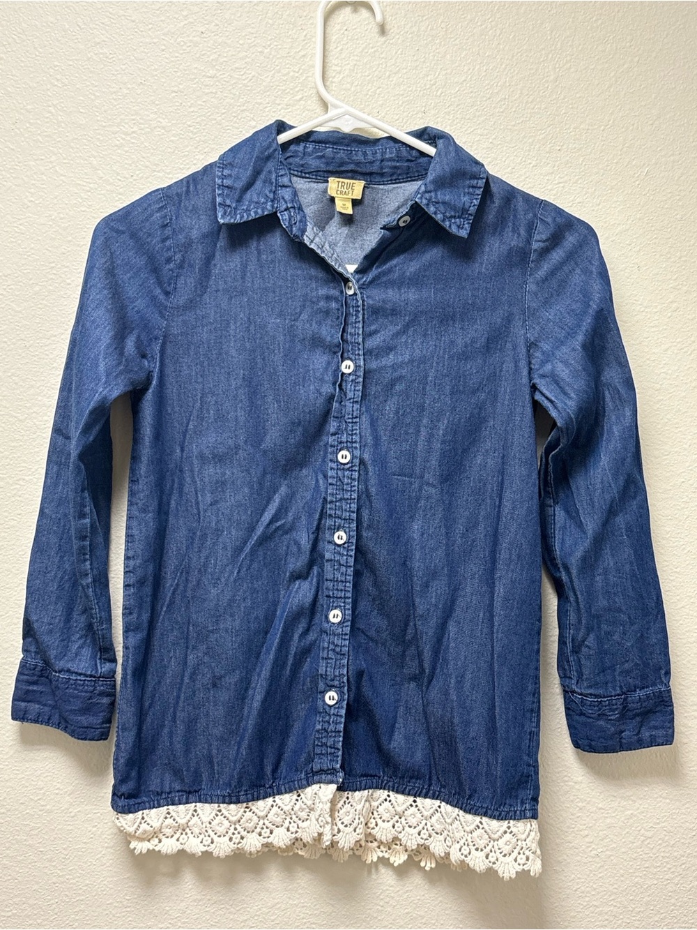 True Craft Girls Teen Jr M Blue Solid Denim Collared Button-Up Shirt White Lace